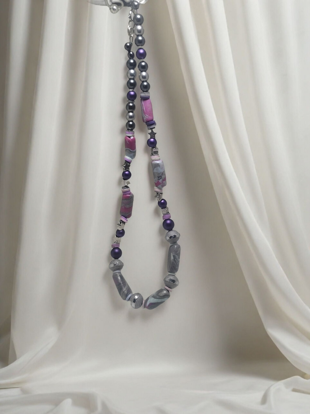 Purple and Silver Beaded Statement Necklace